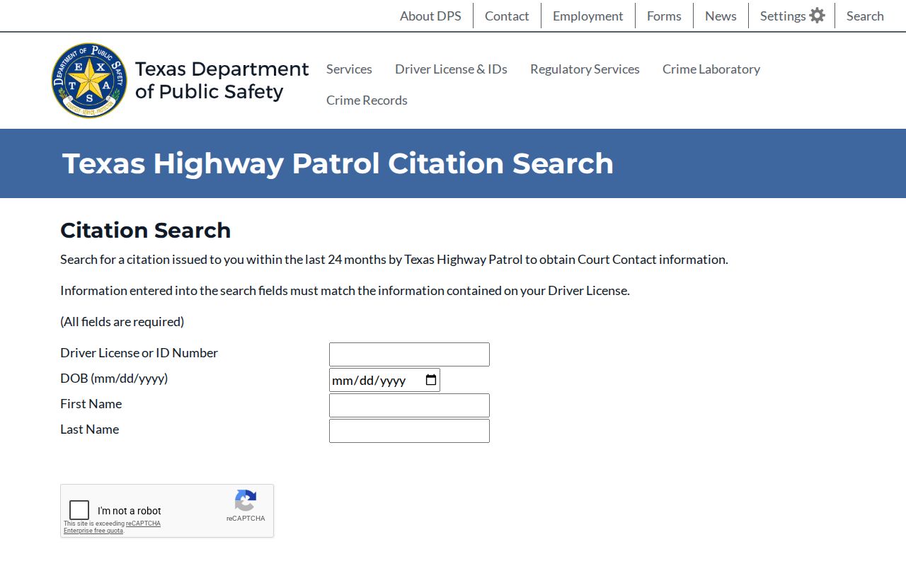 Texas DPS Highway Patrol citation lookup fields